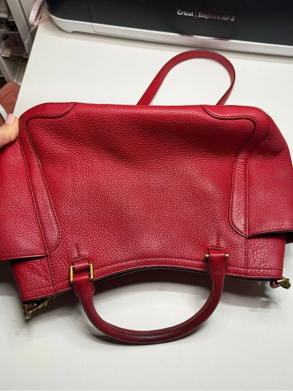 Tory Burch Red Pebbled Leather Satchel with Gold Hardware